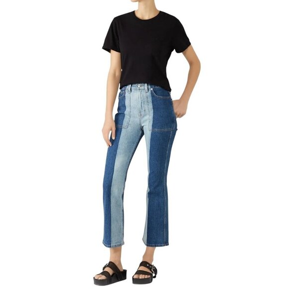 Proenza Schouler High Rise Flare Jeans Size 28 Two Tone Cropped Blue Denim - Picture 1 of 12